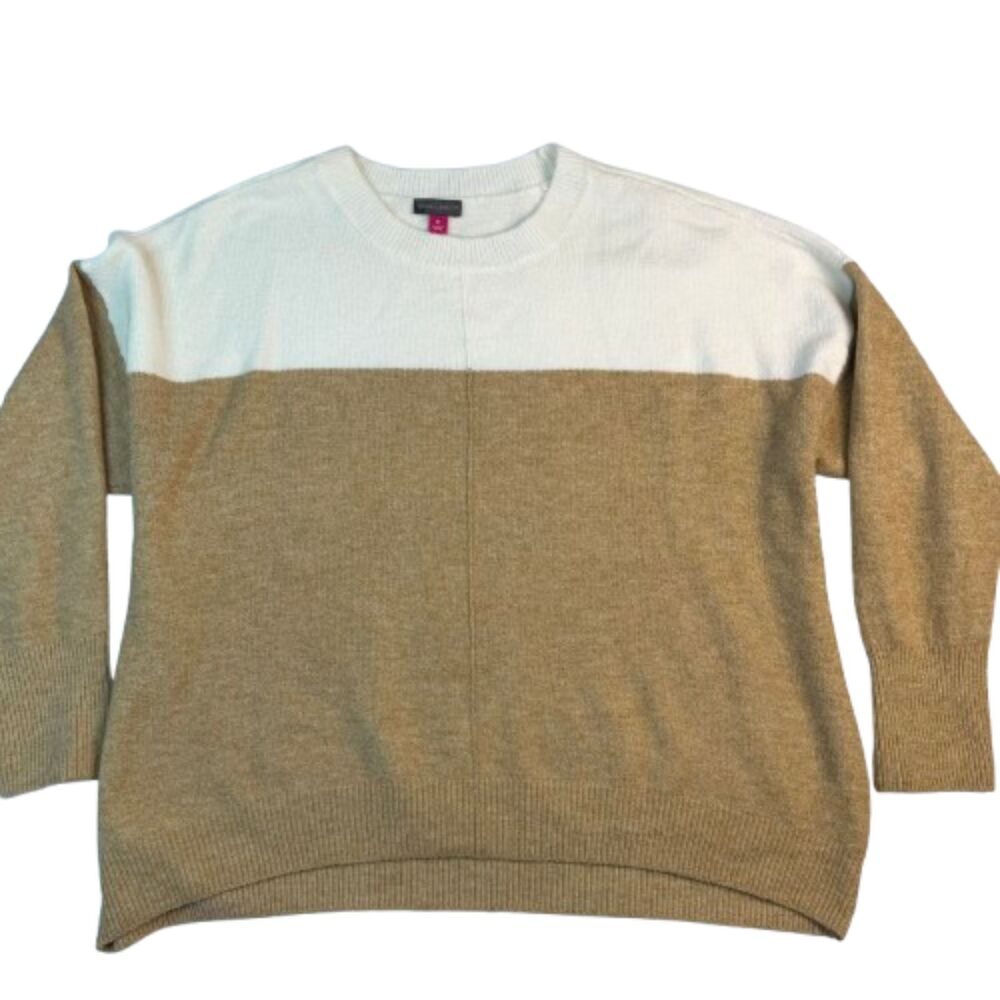 Vince Camuto Colorblock Sweater Cream Beige Knit Crew Neck Pullover Size XL